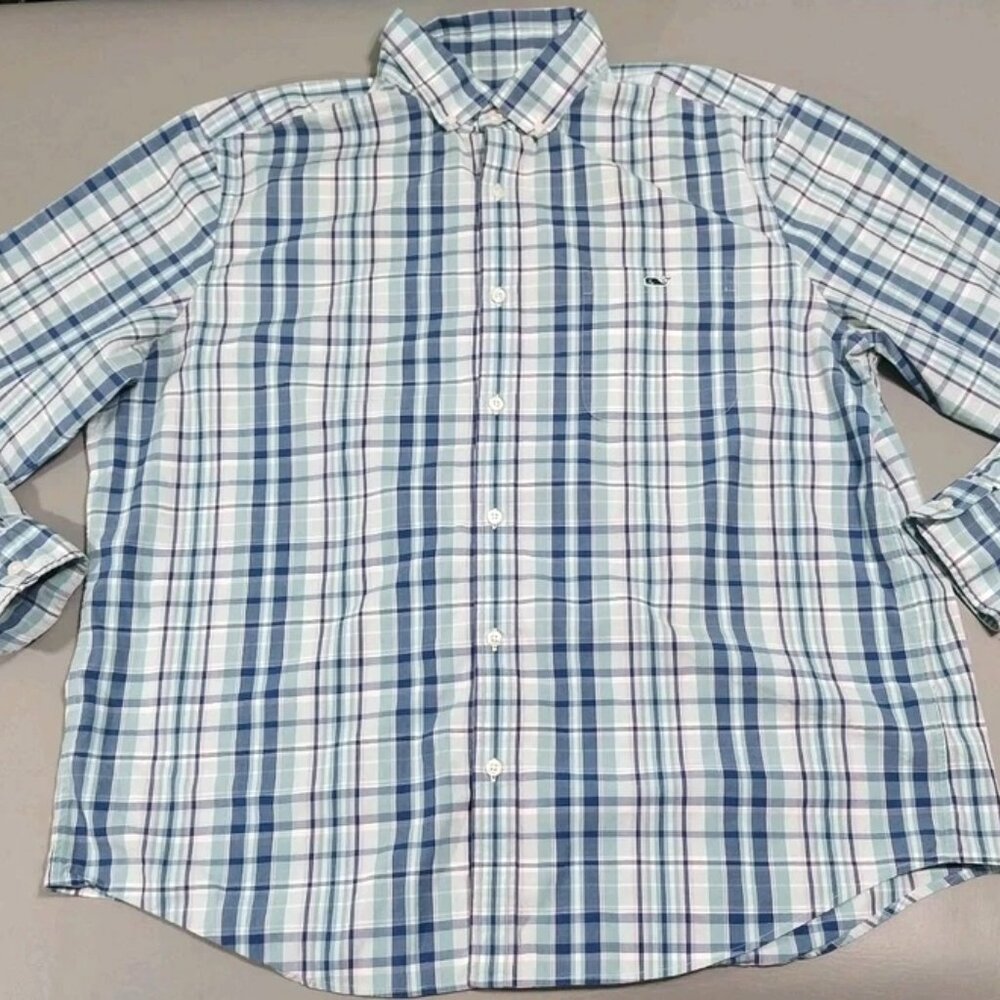 "Vineyard Vines" Size XL Button Shirt Blue White Plaid Classic Tucker Whale